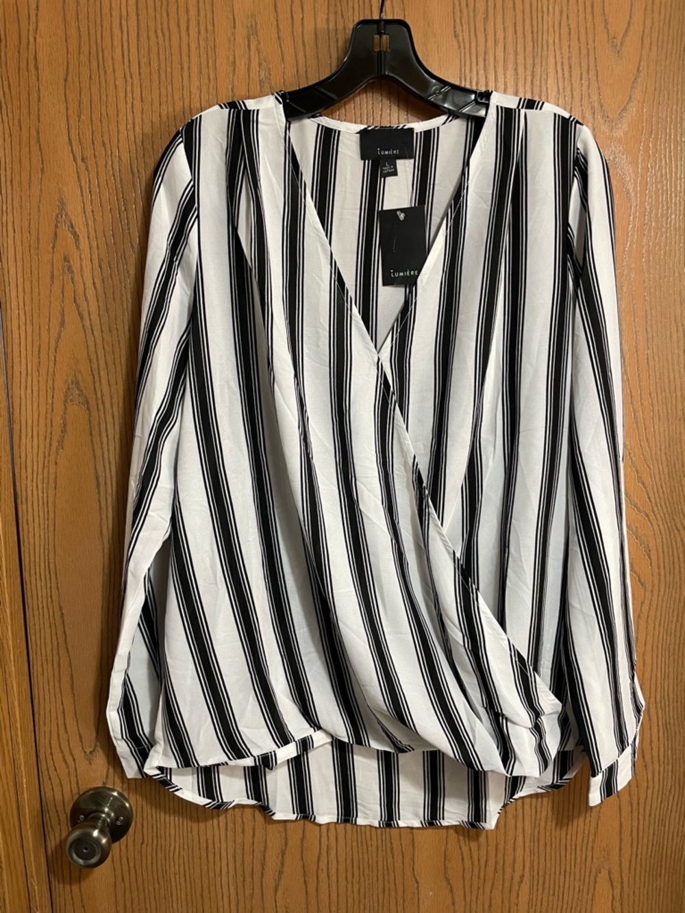 NWT Wrap-Style Blouse with Black and White Vertical Stripes